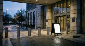 Hotel entrance of an upscale conference venue with security barriers and staff, evening light, documentary feel.