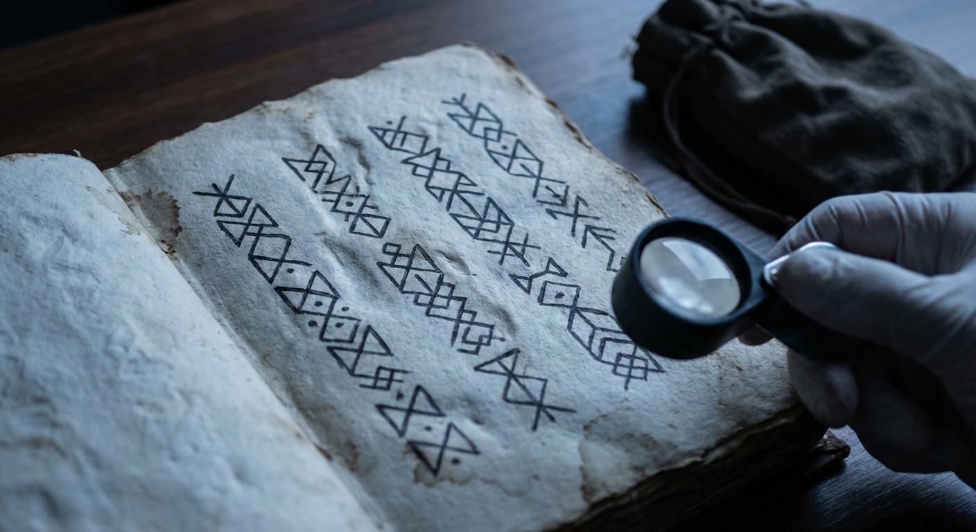 Close-up of a page of undeciphered runic‑style symbols under a desk lamp, evoking an unsolved manuscript.
