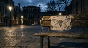 A moody photo of a public square at night with a solitary poster featuring an insect motif on a bench.