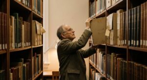 Historian removing an archival box from a library shelf in a climate-controlled stacks area.