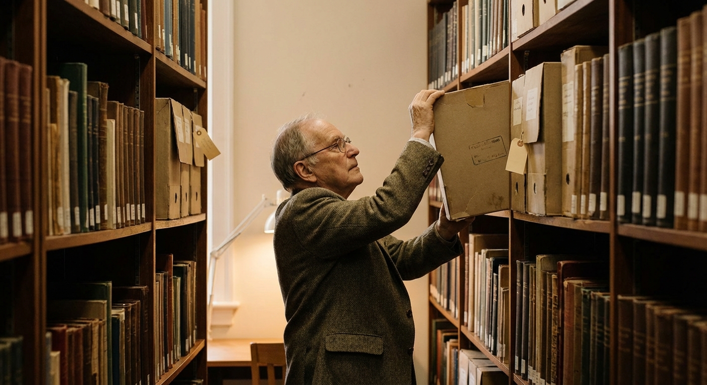Historian removing an archival box from a library shelf in a climate-controlled stacks area.