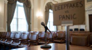 An empty hearing-room microphone and seats, suggesting a formal government technology hearing.