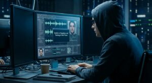 A cybersecurity analyst at a workstation running detection software with waveform and video frames visible.