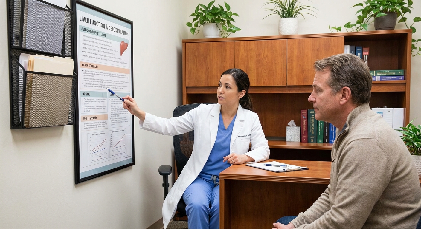 A clinician talking with a patient in an examination room about liver and detox concepts.