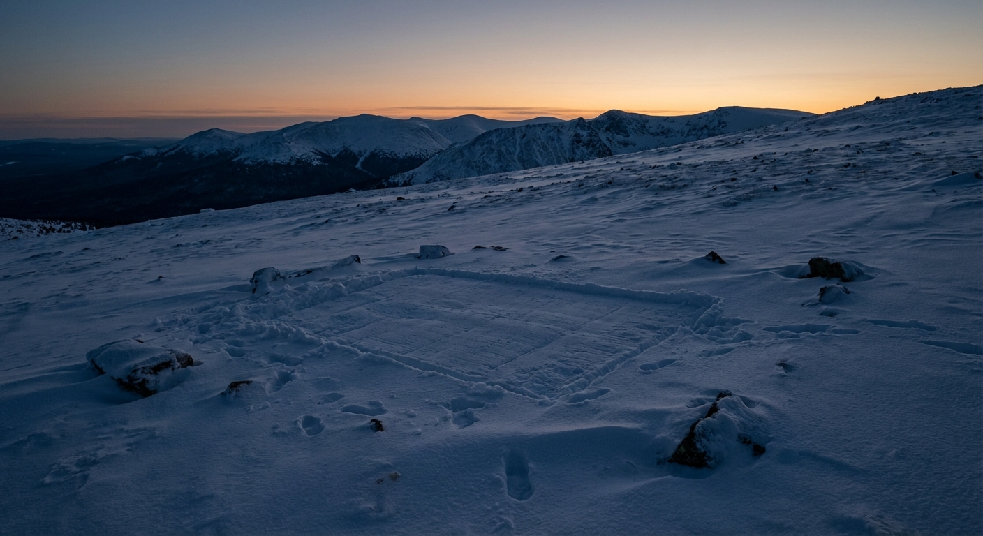 A quiet Ural slope at dusk showing a small flattened snow patch on a steep ridge.