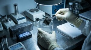 Gloved hands at a lab bench preparing a small fabric swatch for scientific radiation testing, clinical setting.