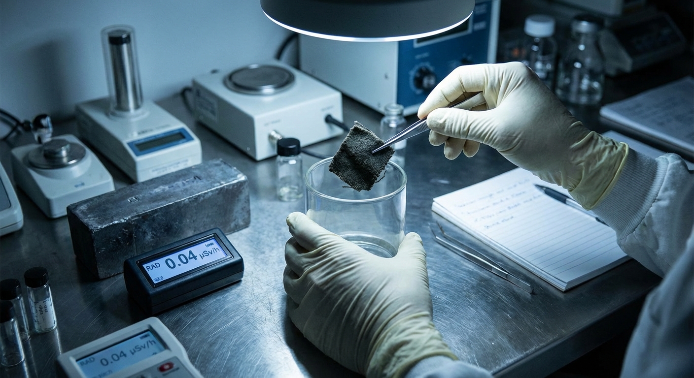 Gloved hands at a lab bench preparing a small fabric swatch for scientific radiation testing, clinical setting.