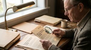 Archivist reviewing declassified papers under a desk lamp, magnifying glass and notes visible.