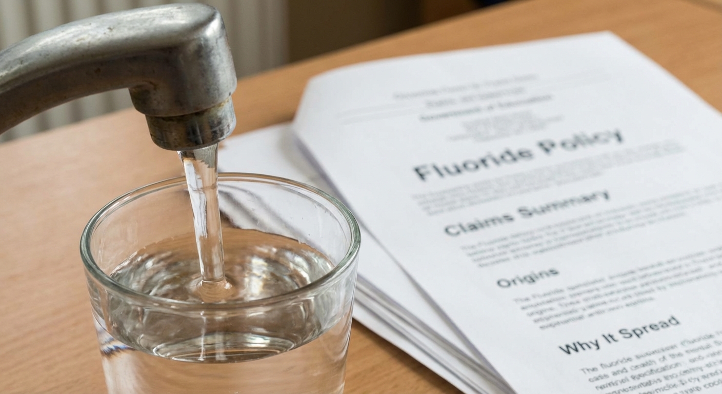 Closeup of a kitchen tap filling a glass with clear tap water, soft focus background implying documents.