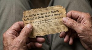 Hands holding an old newspaper clipping about a disputed energy announcement on a neutral background.