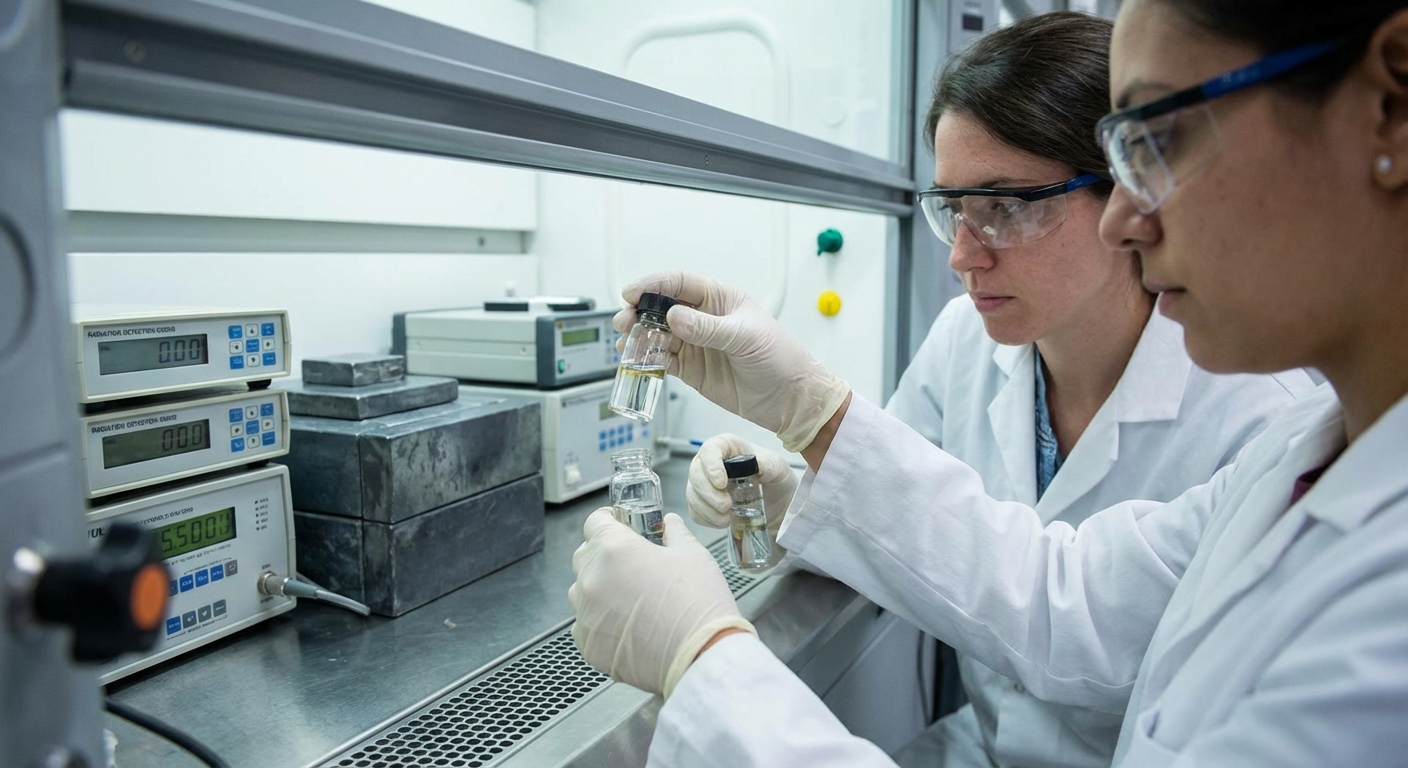 Technicians in a lab preparing vials and instruments for radioactive sample analysis.