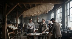 Studio scene with scale rigid-airship model and technicians preparing an experiment, documentary tone.