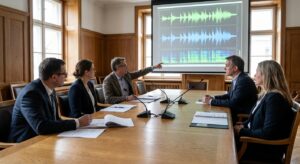 A small group of forensic acoustics experts examining waveforms during a technical review.