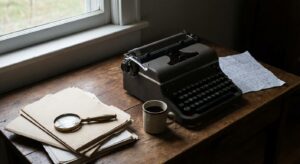 Still life of a typewriter, coffee cup, folders, and magnifying glass implying archival investigation.