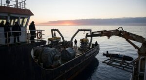 Research ship on a calm southern Indian Ocean morning with crew and search gear visible on deck.