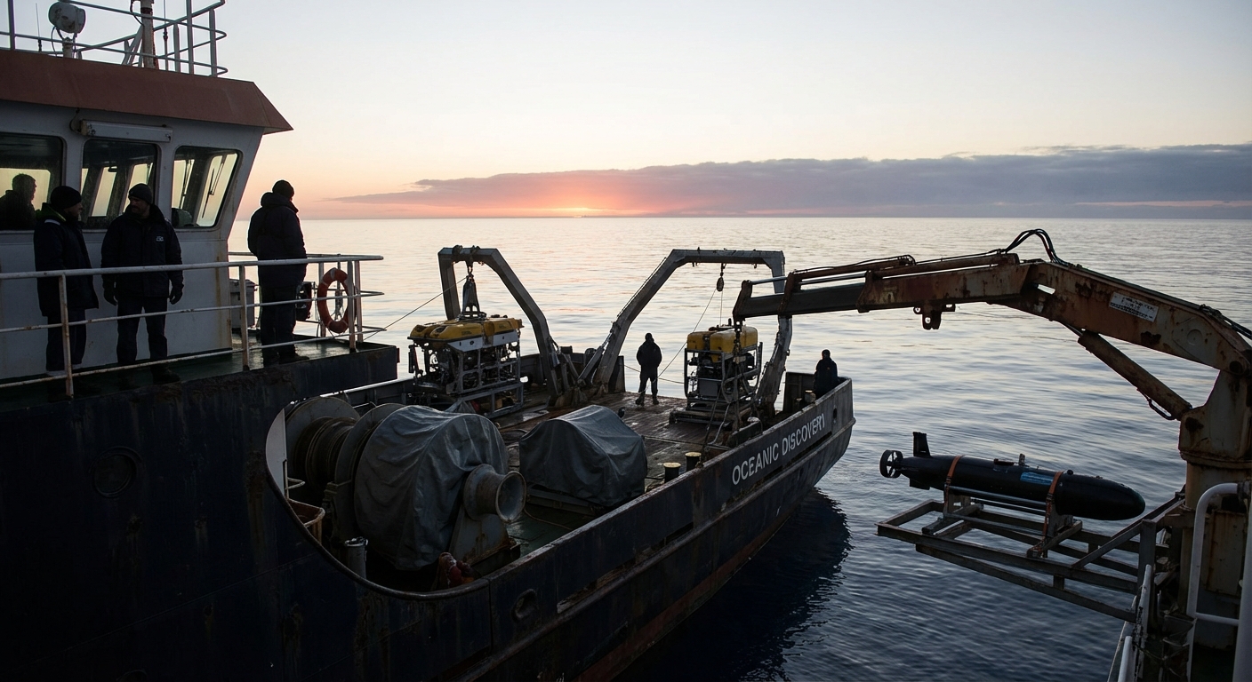 Research ship on a calm southern Indian Ocean morning with crew and search gear visible on deck.