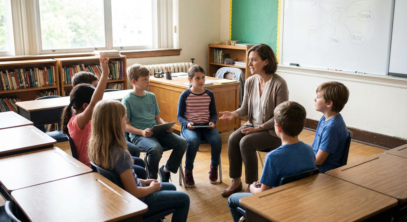 Teacher addressing young students in a classroom, educational and reassuring atmosphere.