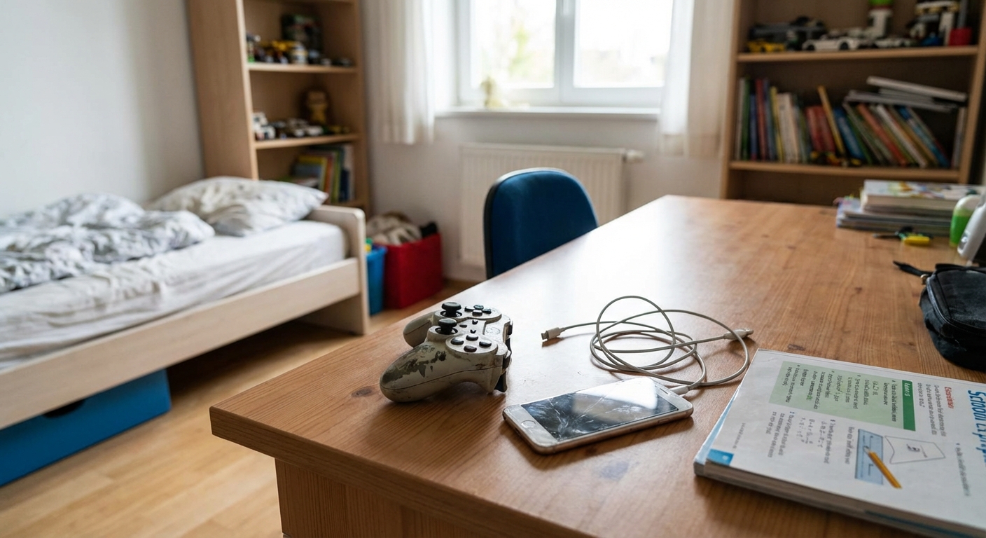 A child's bedroom with gaming device and phone on a desk, suggesting everyday exposure to apps and games.