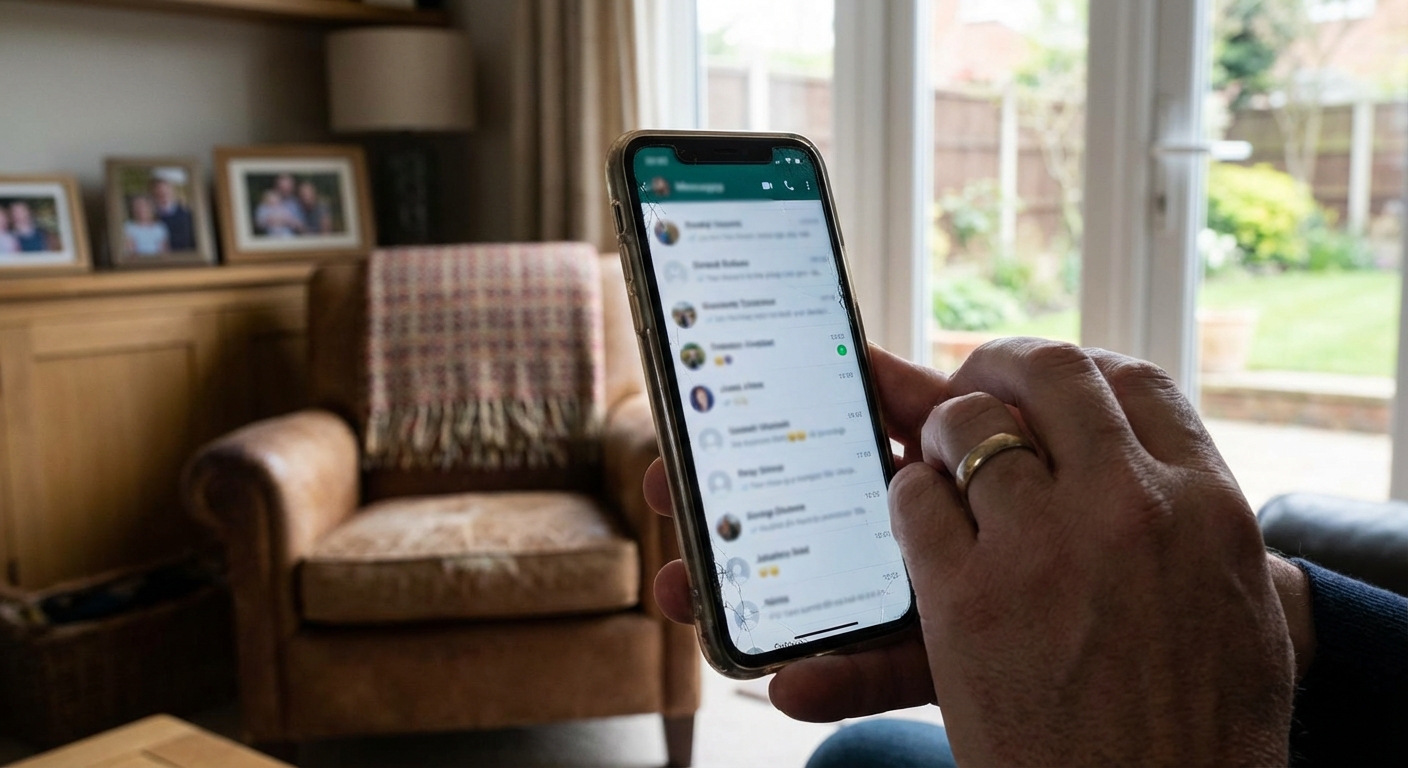 Person viewing a blurred forwarded message thread on a smartphone in a domestic setting