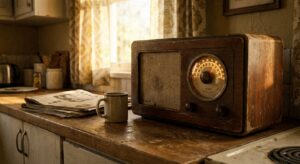A retro AM tabletop radio near a window with warm light, symbolizing late-night radio broadcasts.