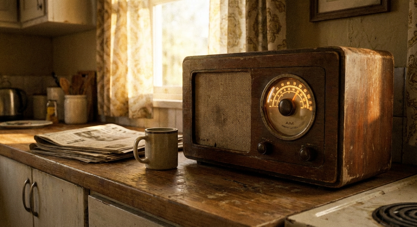 A retro AM tabletop radio near a window with warm light, symbolizing late-night radio broadcasts.