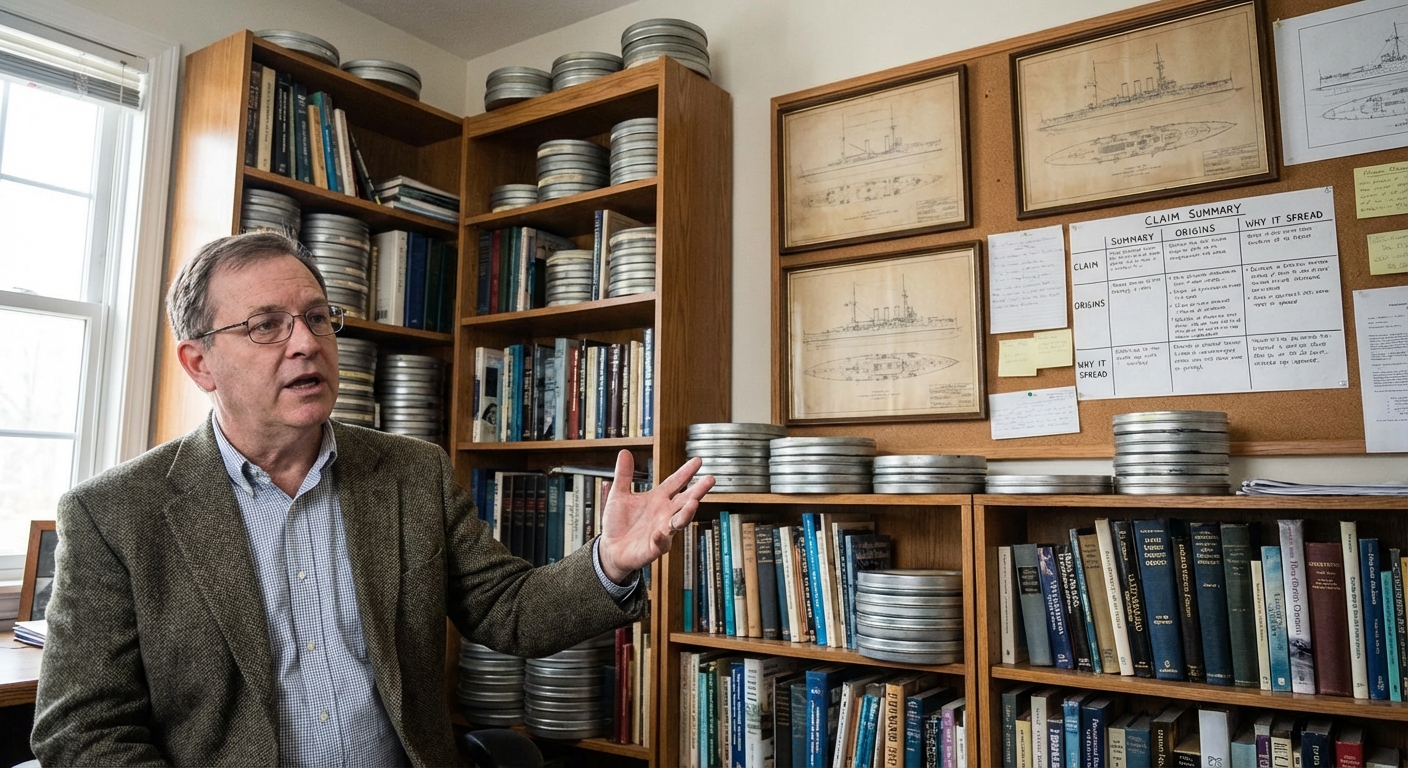 Naval historian in an office with ship diagrams and microfilm canisters while discussing historical records.