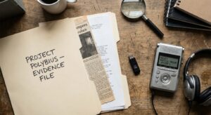 Archivist table with an evidence folder, USB drive, and a digital audio player suggesting investigative work.