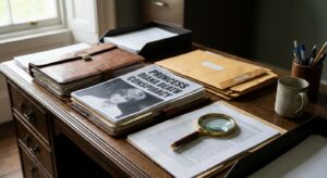 Desk with printed reports, magnifying glass and pen suggesting close review of investigation files.