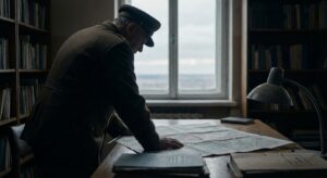 Silhouette of a uniformed older officer leaning over a map on a table, low key lighting, no identifiable insignia.