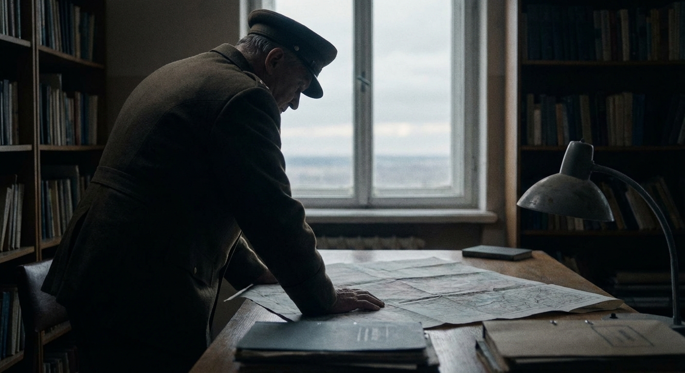 Silhouette of a uniformed older officer leaning over a map on a table, low key lighting, no identifiable insignia.