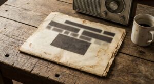 A vintage newspaper laid beside a radio and coffee cup suggesting mid-century reporting.