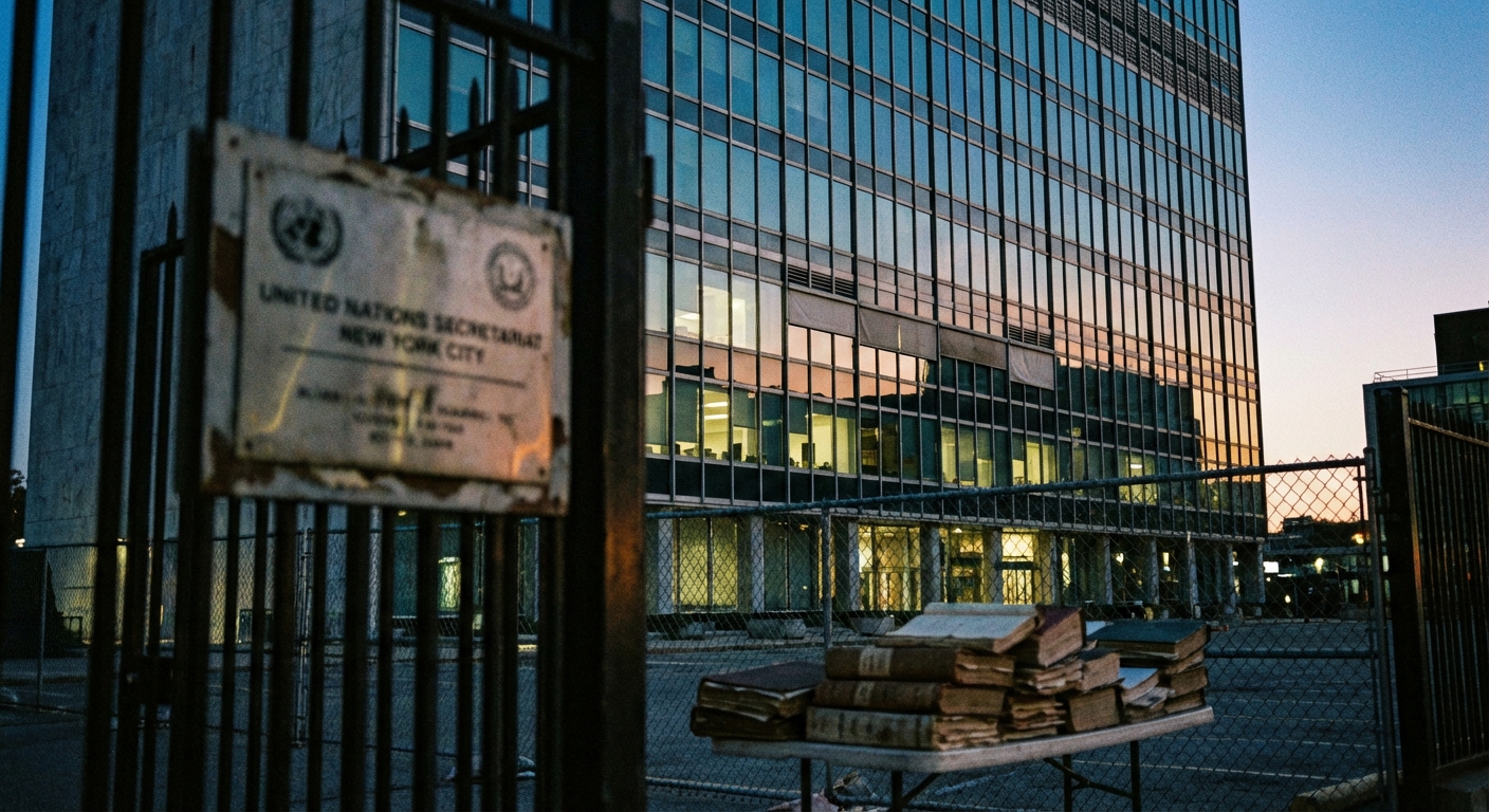 Evening view of the UN Secretariat building, suggesting international treaty registration and transparency.