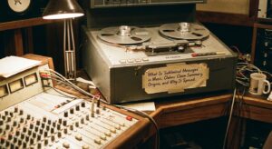 Close-up photograph of a vintage recording studio tape machine and mixing console, hinting at reversed-tape techniques.
