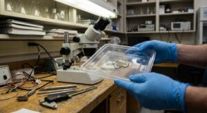 Laboratory bench with gloved hands and an evidence tray holding a small metal fragment being examined.