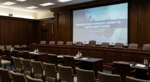 Empty government hearing room with microphones and rows of chairs, neutral and formal setting.