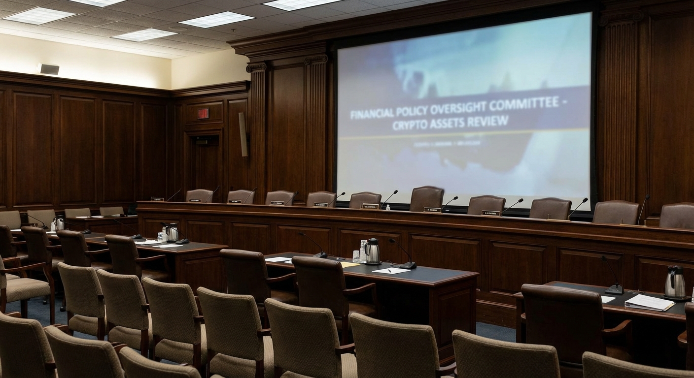 Empty government hearing room with microphones and rows of chairs, neutral and formal setting.