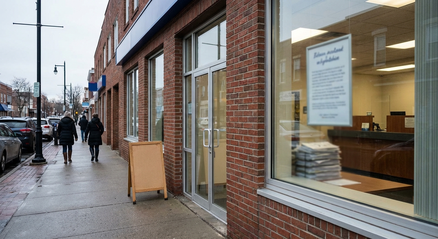 Exterior of a bank branch with a visible interior notice and city sidewalk, implying policy change.