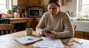 A parent at home reviewing information on a phone with related articles on the table, empathetic tone.