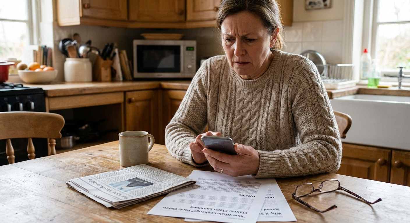 A parent at home reviewing information on a phone with related articles on the table, empathetic tone.
