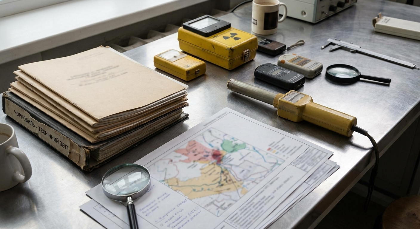 Radiation monitor and maps on a lab bench, showing a technical investigation setting without legible text.