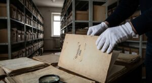 Archivist's hands opening a folder in a dim research archive, suggesting declassified Chernobyl documents being reviewed.