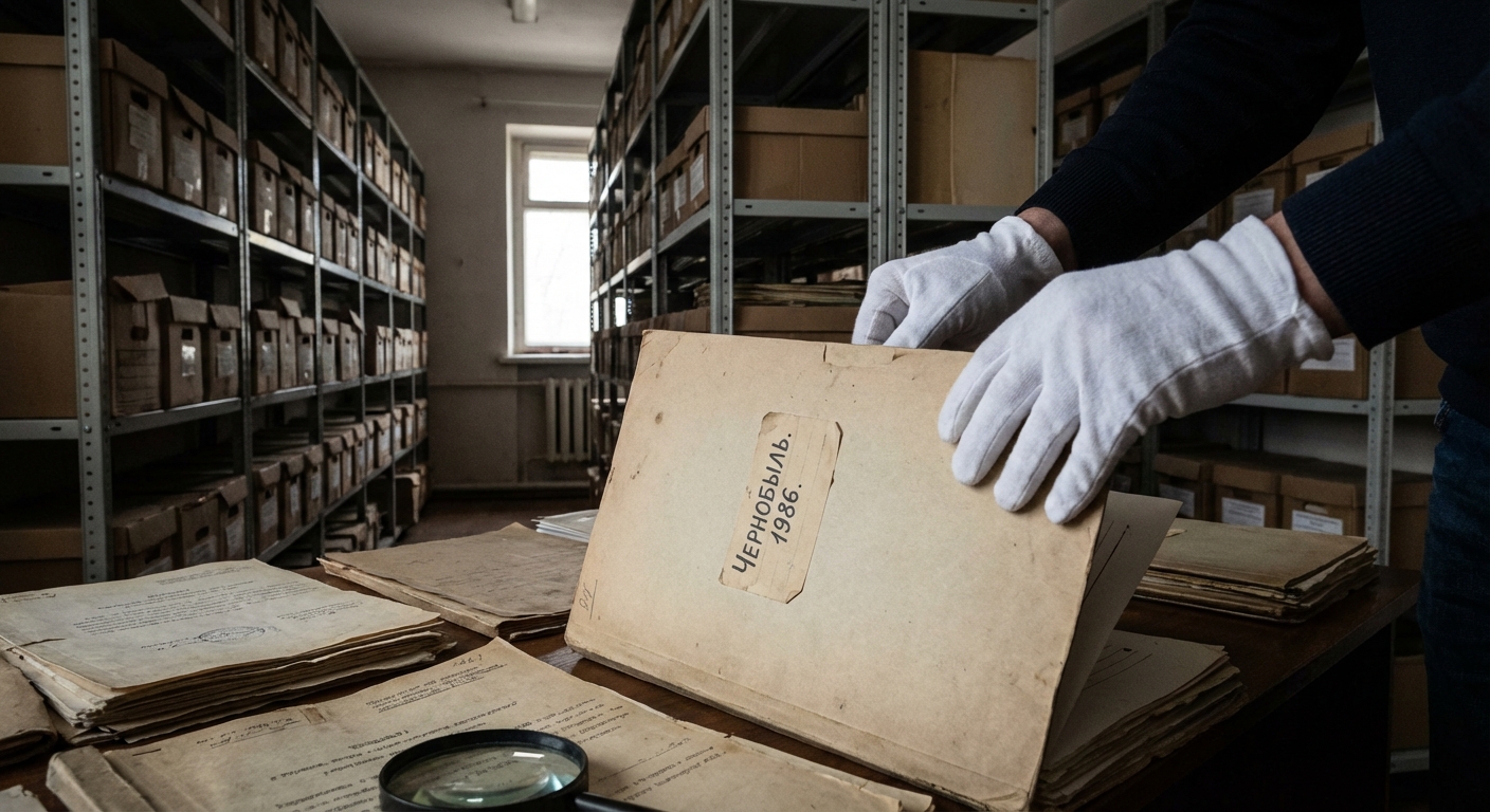 Archivist's hands opening a folder in a dim research archive, suggesting declassified Chernobyl documents being reviewed.