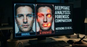 Side-by-side comparison of a real and AI-generated face on a screen, forensics-style close-up.