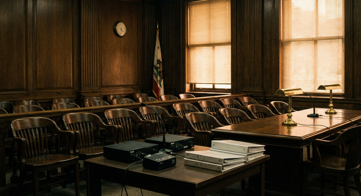 Empty hearing room with microphones and evidence table under soft, serious lighting.