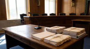 Empty hearing room with microphone and stacked folders indicating documentary testimony.