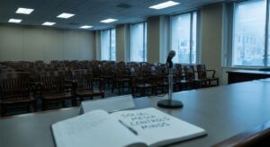 Empty hearing room prepared for testimony on social media influence and policy concerns.