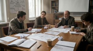 Scholars seated around a table during a seminar discussing the history and spread of conspiracy narratives.