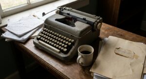 Journalist workspace with a typewriter, loose notes, and an archive folder in soft natural light.