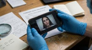 Forensic analyst reviewing a frozen video frame on a smartphone with notes nearby.