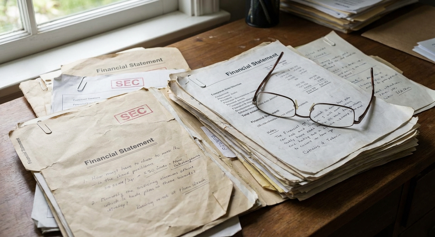 Close view of financial papers and SEC-style filings on a desk, suggesting document review.